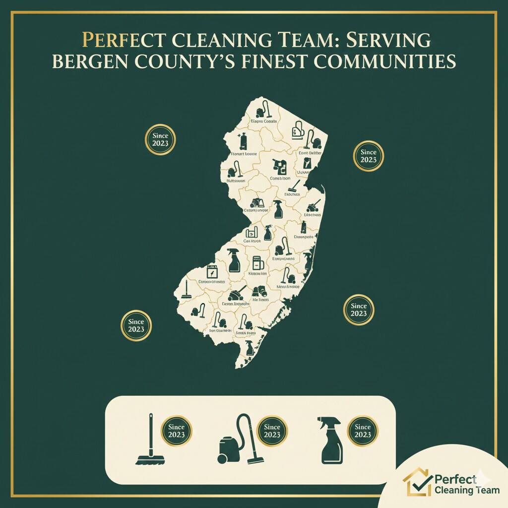 Bergen County NJ communities served by Perfect Cleaning Team - 15+ towns including Alpine, Demarest, Edgewater for residential and commercial cleaning