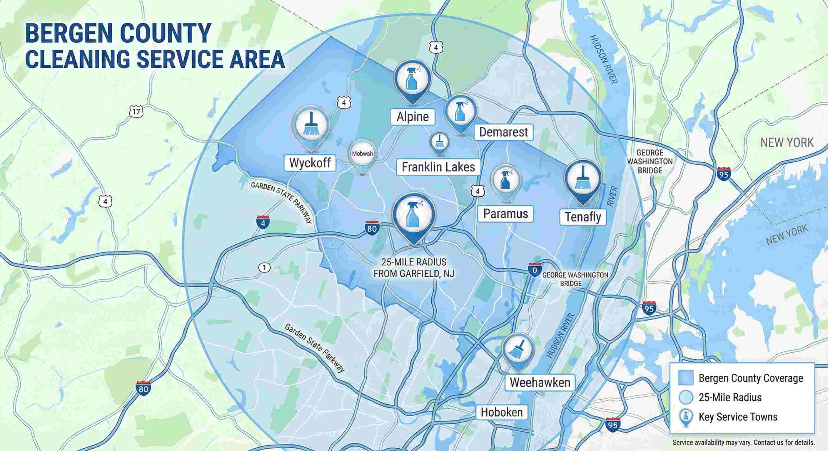 Perfect Cleaning Team Service Area Map - Professional cleaning services coverage across Bergen County New Jersey including Alpine, Demarest, Edgewater communities
